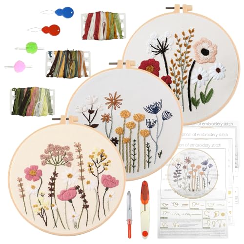 MytaYt 3 Stück Stickset für Anfänger Blumenmuster Pflanzen Sticken Set Erwachsene Stickerei Set Anfänger mit 2 Stück Bambus Stickrahmen Anleitung und Werkzeuge Stickset für DIY Kunst Nähen von MytaYt