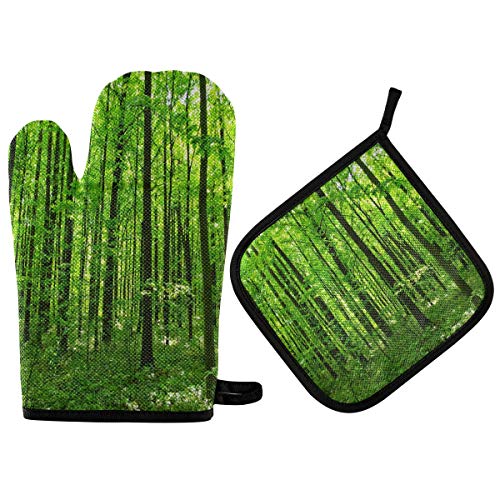 N/E RXYY Grün Wald Baum Ofenhandschuhe Gesteppt Baumwolle Beschichtung Topflappen BBQ Handschuhe-Ofenhandschuhe Hitzebeständig Küche Sicher Matten für Backen Kochen von HMZXZ