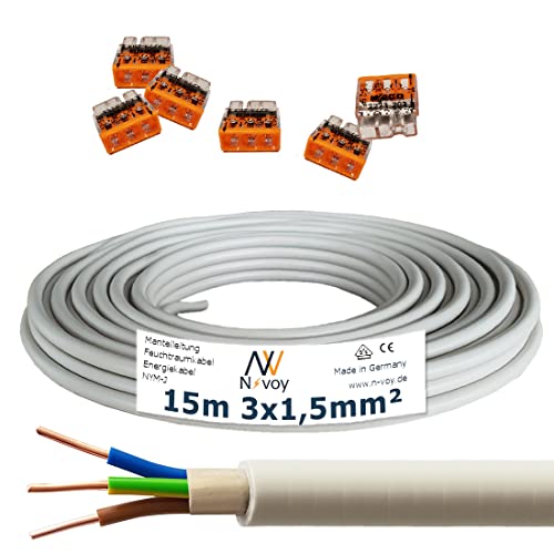 NYM-J 3x1,5 mm² 15m Mantelleitung Installationskabel mit 6 Stück WAGO Klemmen M120 von N-voy