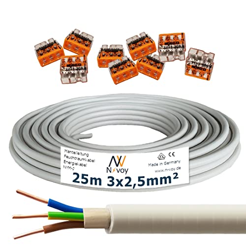 NYM-J 3x2,5 mm² 25m Mantelleitung Installationskabel mit 9 Stück WAGO Klemmen M125 … von N-voy