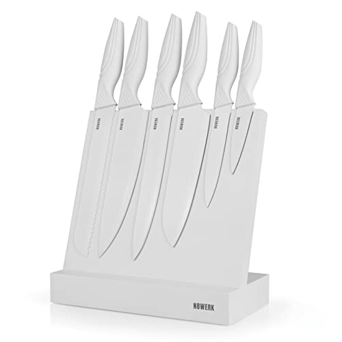 N8WERK Messerset mit Messerblock 6 Messer aus rostfreiem Edelstahl Block aus Holz mit magnetischer Oberfläche Professionelles & scharfes Küchenmesser-Set [Weiß] Moonlight White von N8WERK