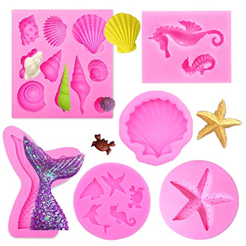 Meerjungfrau Silikon Fondant Formen 3d Ozean Tier Silikon Backformen Meerjungfrau und Seashell Fondant Silikonform DIY Silikon Formen für Fondant Backen ​Schokolade Marzipan Kuchen Gelee Muffin(6pcs) von NAMIS