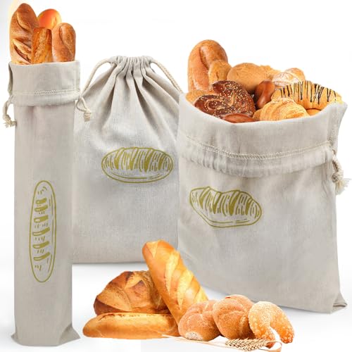 NAROSEBE 3 Stück Leinen Brotbeutel Aufbewahrung Frischhalten Leinenbeutel für Brot Wiederverwendbar Bread Bag Aufbewahrungstasche Lebensmittel für Konservierung Von Brot,Obst,Gemüse（40*30cm、67*15cm） von NAROSEBE