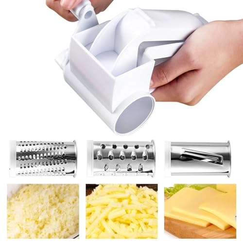 NAROSEBE Parmesanreibe Kurbel Käsereibe Trommelreibe Parmesanmühle Cheese Grater mit 3 Edelstahl-Feintrommel Küchenreibe Käsemühle käsereibe Drehen Kase Reibe für Käse Gemüse Obst (14 * 6 * 7.2cm) von NAROSEBE