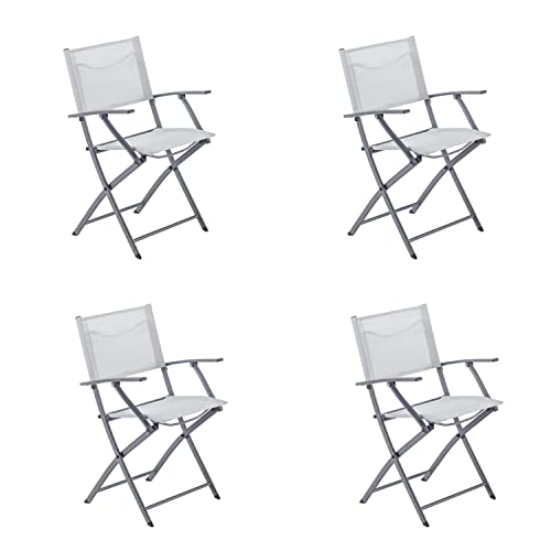 NATERIAL - 4er Set Gartenstühle EMYS mit Armlehnen - Klappsessel - Gartensessel - Klappbar - Terrassenstühle - Essstühle - Stahl - Textilene - Hellgrau von NATERIAL
