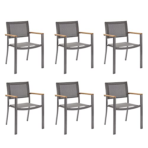 NATERIAL - 6er Set Gartenstühle ORIS mit Armlehnen - 6 Gartensessel - Stapelbar - Terrassenstühle - Essstühle - Aluminium - Textilene - Eukalyptus - Anthrazit von NATERIAL