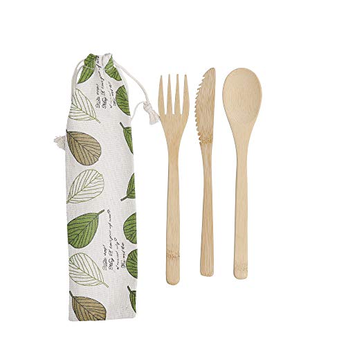KitchenCraft Natural Elements Travel Cutlery Set, Reusable and Biodegradable Bamboo Knife, Fork and Spoon in Fabric Pouch von NATURAL ELEMENTS