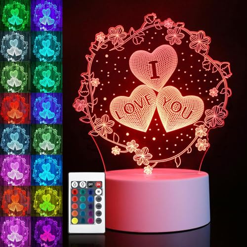 NAVESO 3D Illusion Lampe, Ich Liebe Dich Geschenke für Frauen Männer, Valentinstag Deko Led Nachtlicht Herz 16 Farben, Love 3D Nachtlicht Herz mit Fernbedienung Oder Touch von NAVESO