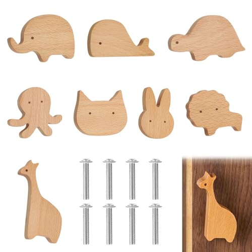 NAVESO 8 PCS Schrankknöpfe Holz fur Kinderzimmer, Massivholz Schubladenknöpfe Kinder, Tier Holz Schubladengriff, Möbelknöpfe Tierformen, Holzgriffe für Schränke mit Schrauben, Schubladenknöpfe von NAVESO