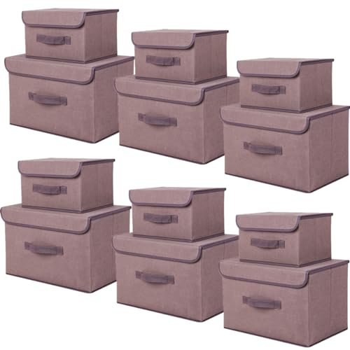 NCRGB 12 Stück Stoff Faltbare Aufbewahrungsboxen mit Deckel(36cm/6 Pack+26cm/6 Pack) Stoffaufbewahrungsbehälter mit Deckel,Kleiderschrank Organizer für Kleideraufbewahrung,Raumorganisation-Braun von NCRGB
