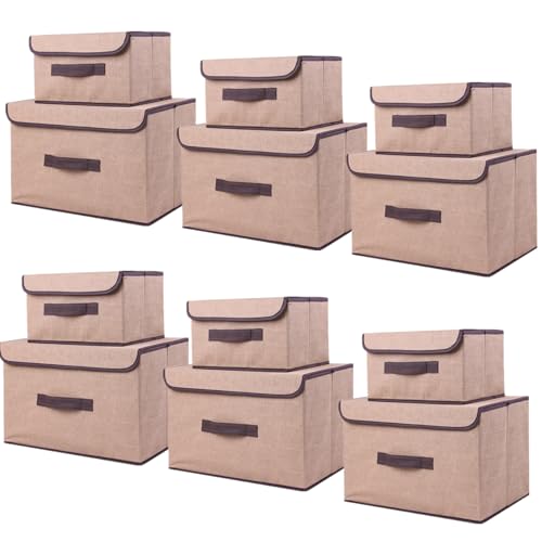 NCRGB 12 Stück Stoff Faltbare Aufbewahrungsboxen mit Deckel 36cm/6 Pack+26cm/6 Pack,Stoffaufbewahrungsbehälter mit Deckel,Kleiderschrank Organizer für Kleideraufbewahrung,Raumorganisation-Beige von NCRGB