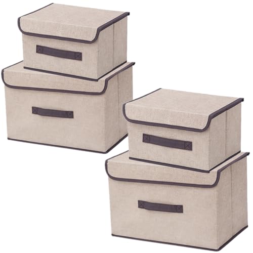 NCRGB 4 Stück Stoff Faltbare Aufbewahrungsboxen mit Deckel(36cm/2 Pack+26cm/2 Pack,Stoffaufbewahrungsbehälter mit Deckel,Kleiderschrank Organizer für Kleideraufbewahrung,Raumorganisation-Beige Weiß von NCRGB