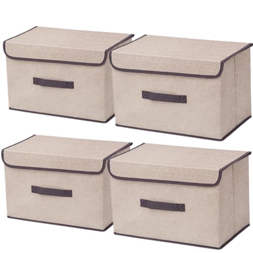 NCRGB 4 Stück Stoff Faltbare Aufbewahrungsboxen mit Deckel 36×23×24cm,Stoffaufbewahrungsbehälter mit Deckel,Kleiderschrank Organizer für Kleideraufbewahrung,Raumorganisation,Spielzeug-Beige Weiß von NCRGB