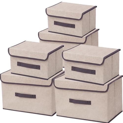 NCRGB 6 Stück Stoff Faltbare Aufbewahrungsboxen mit Deckel(36cm/3 Pack+26cm/3 Pack,Stoffaufbewahrungsbehälter mit Deckel,Kleiderschrank Organizer für Kleideraufbewahrung,Raumorganisation-Beige Weiß von NCRGB