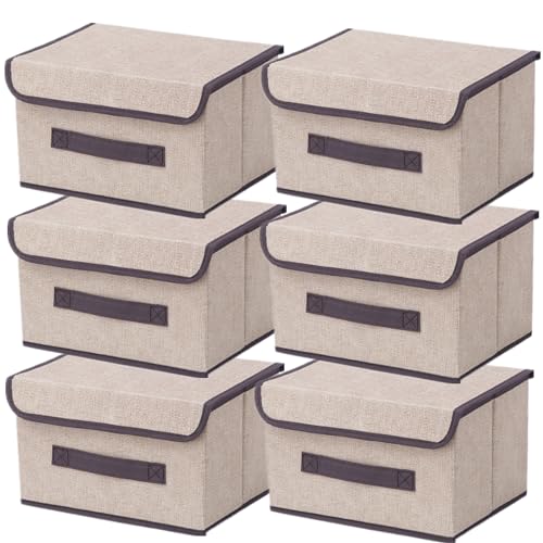 NCRGB 6 Stück Stoff Faltbare Aufbewahrungsboxen mit Deckel 26×19×16cm,Stoffaufbewahrungsbehälter mit Deckel,Kleiderschrank Organizer für Kleideraufbewahrung,Raumorganisation,Spielzeug-Beige Weiß von NCRGB
