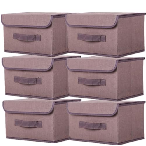 NCRGB 6 Stück Stoff Faltbare Aufbewahrungsboxen mit Deckel 26×19×16cm,Stoffaufbewahrungsbehälter mit Deckel,Kleiderschrank Organizer für Kleideraufbewahrung,Raumorganisation-Braun von NCRGB