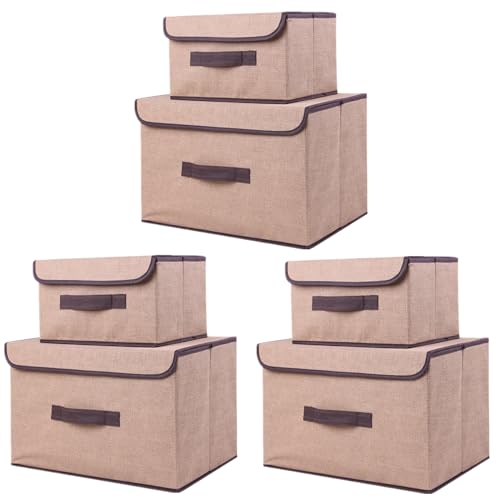 NCRGB 6 Stück Stoff Faltbare Aufbewahrungsboxen mit Deckel 36cm/3 Pack+26cm/3 Pack,Stoffaufbewahrungsbehälter mit Deckel,Kleiderschrank Organizer für Kleideraufbewahrung,Raumorganisation-Beige von NCRGB