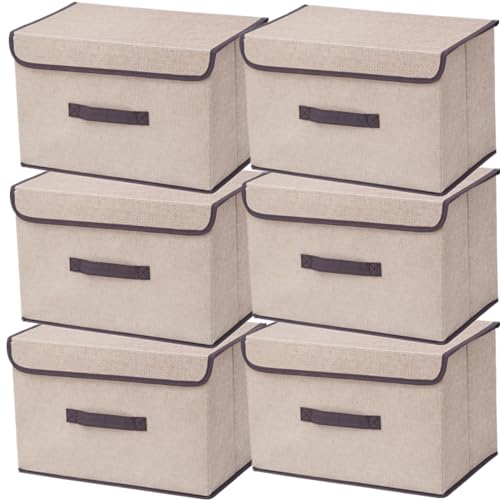 NCRGB 6 Stück Stoff Faltbare Aufbewahrungsboxen mit Deckel 36×23×24cm,Stoffaufbewahrungsbehälter mit Deckel,Kleiderschrank Organizer für Kleideraufbewahrung,Raumorganisation,Spielzeug-Beige Weiß von NCRGB