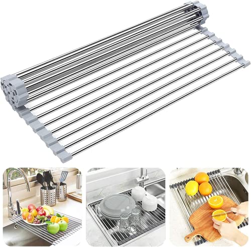 NCRGB Abtropfgestell Geschirr 43×20 cm,Aufrollbares Abtropfmatte Geschirr,Stainless Steel Hitzebeständiges Geschirrabtropfgestell,Sink Organizer Küche,Abtropfgitter Spüle for Cups,Fruit,Vegetable,Grau von NCRGB