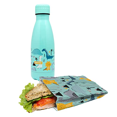 NERTHUS FIH 1030 SET Doppelwandige Flasche Edelstahl + Sandwich Tasche Dinosaurier von NERTHUS