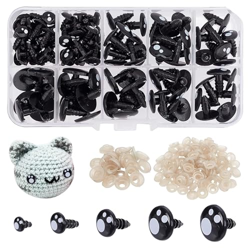 NEUSID Sicherheitsaugen für Häkeltiere, 100 Stück 8-16mm Schwarz Knopfaugen zum Annähen Puppenaugen mit 100 Stück Unterlegscheiben Amigurumi Augen für Puppe Plüsch Teddybär von NEUSID