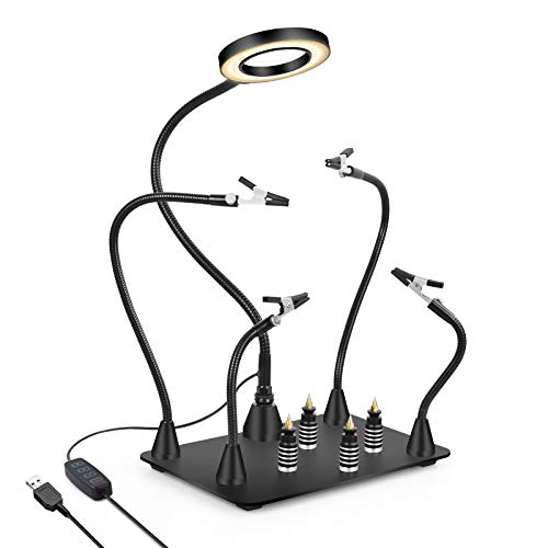 Magnetische helfende Hand, lötende Dritte Hände mit 3X LED Lupenlampe, 4 PCB Säulen Leiterplattenhaltermit mit Flexible Metallarme Elektronisches Reparaturwerkzeug l (Lötstation mit Lampe) von NEWACALOX