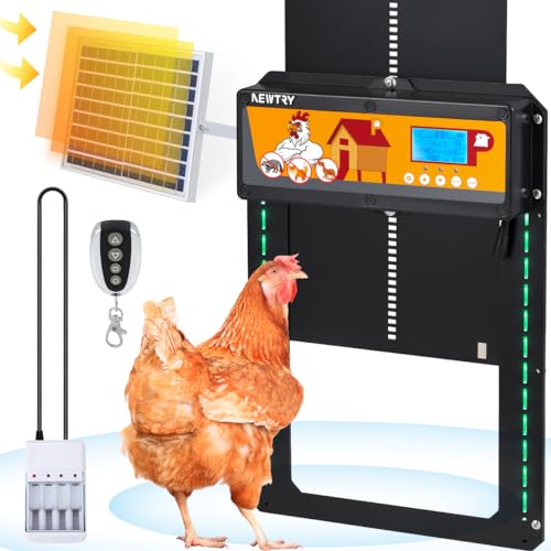 NEWTRY Automatische Hühnerstalltür mit 10w Solarpanel und langem Kabel, Timer & Lichtsensor programmierbar, Einklemmschutz, Lichtstreifenanzeige plus 40m Fernbedienung von NEWTRY