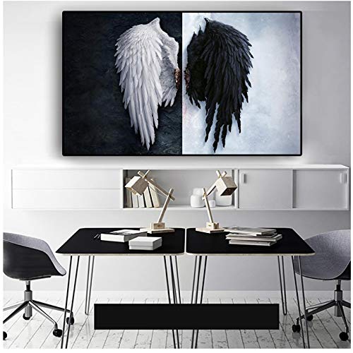 NFGGRF Schwarz-Weiß-Engel-Flügel-Feder-Plakat-Wandkunst-Leinwand druckt Gemälde auf der Wand Bild für Wohnzimmerdekoration-50x100cm ohne Rahmen von NFGGRF