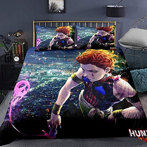 NICHIYO Hisoka Hunter Bettwäsche-Set, Bettdeckenbezug und Kissenbezug, Mikrofaser, 3D-Digitaldruck, dreiteiliges Bettwäsche-Set (18, Einzelbettgröße 135 x 200 cm + 80 x 80 cm) von NICHIYO