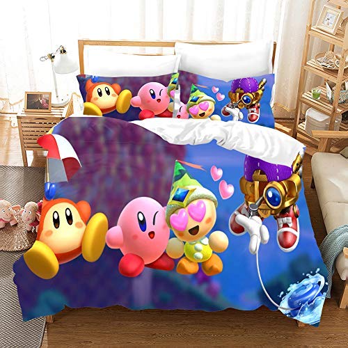 NICHIYO Kirby Cartoon-Spiel 3D-Bettwäsche-Set Bettbezüge Kissenbezüge niedlich rosa Ball Anime Bettwäsche-Sets Bettwäsche (3,Einzelbett 135 x 200 cm + 80 x 80 cm) von NICHIYO