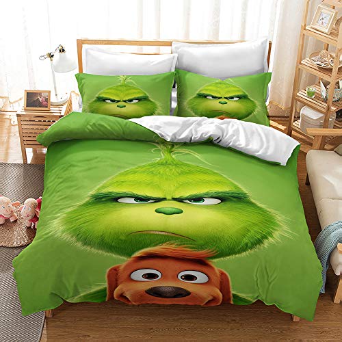 NICHIYO The Grinch Bettwäsche-Set, Bettbezug und Kissenbezug, Mikrofaser, 3D-Digitaldruck, dreiteiliges Bettwäsche-Set (Bettbezug + Kissenbezüge), Einzelbett 135 x 200 cm von NICHIYO