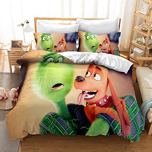 NICHIYO The Grinch Bettwäsche-Set – Bettbezug und Kissenbezug, Mikrofaser, 3D-Digitaldruck, dreiteilige Bettwäsche (Bettbezug + Kissenbezüge) (10, Einzelbett 135 x 200 cm) von NICHIYO