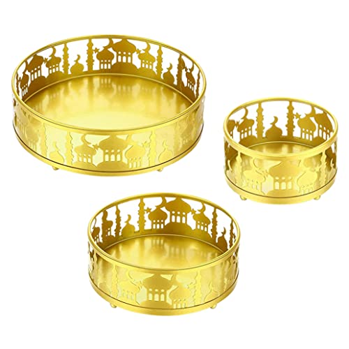 NIDONE 3 Stück Ramadan Tabletts Runde Moschee Snack Platters Eisen servieren Gerichte islamischen Stil Gebäck Tabletts für muslimische Urlaub Home & Office Decor, Golden von NIDONE