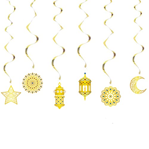 NIDONE 6 Stück Eid Mubarak Hängende Wirbel Goldene Spirale Luftschlangen Mond Stern Laterne Decke Folie Dekor für Eid Al-Adha Party, Ramadan Mubarak Party Dekoration Zubehör von NIDONE