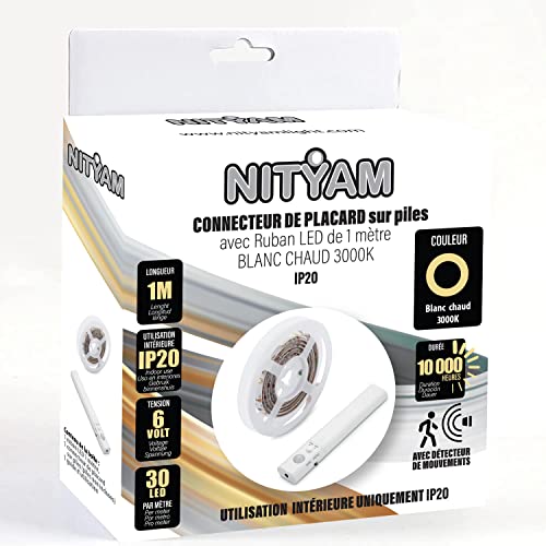 NITYAM Schrankverbinder mit LED-Streifen 1 Meter warmweiß (3000K) mit Bewegungsmelder, Batterieanschluss, IP20 nur für den Innenbereich von NITYAM