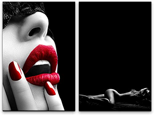 NJYBF Bild auf Leinwand 2 teilig je 60x90cm Sexy Lippen Rot Frau Akt Schwarz Weiß für Wohnzimmer Home Deco. (ohne Rahmen) von NJYBF