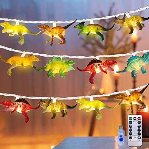 NLNEY 20er LED Dino Lichterkette kinderzimmer, 3M Dinosaurier Figuren Deko Lampe Kindergeburtstag Kinder Spaß Nachtlicht Vorhang USB - Innen Außen Jungen Mädchen Baby Zimmer Party Dekoration von NLNEY