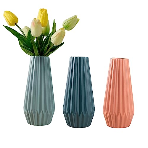 3 Stück Vasen Kunststoff Set Sonwaha Blumenvase Modern Pampasgras Vase Schmal Hoch Flower Vase Blau Grün Rosa Tulpenvase für Wohnungsdeko für Frische Blumen,Trockenblumen,Esstisch,Büro von Sonwaha