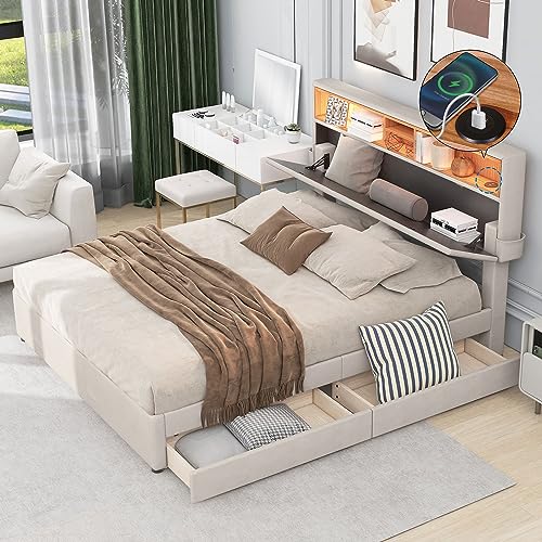 NNJN 140x200cm Doppelbett Polsterbett Stauraum-Kopfteil Bett mit Aufladen USB und LED-Beleuchtung，Funktionsbett mit Zwei Schubladen, Verstellbares Kopfteil (Beige) von NNJN