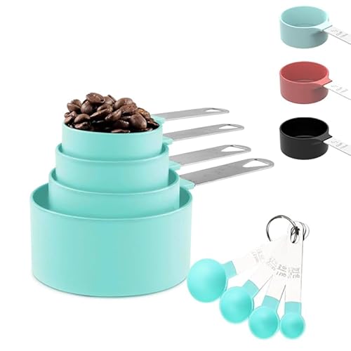 Messlöffel Set 8 Stück Kunststoff Messbecher,Messbecher Set Edelstahl für Messen Flüssigkeiten Feststoffe mit 4 Measuring Cups und 4 Löffel, Messwerkzeug von Küchen, Dosierlöffel für Backmessen Blau von NOLACE