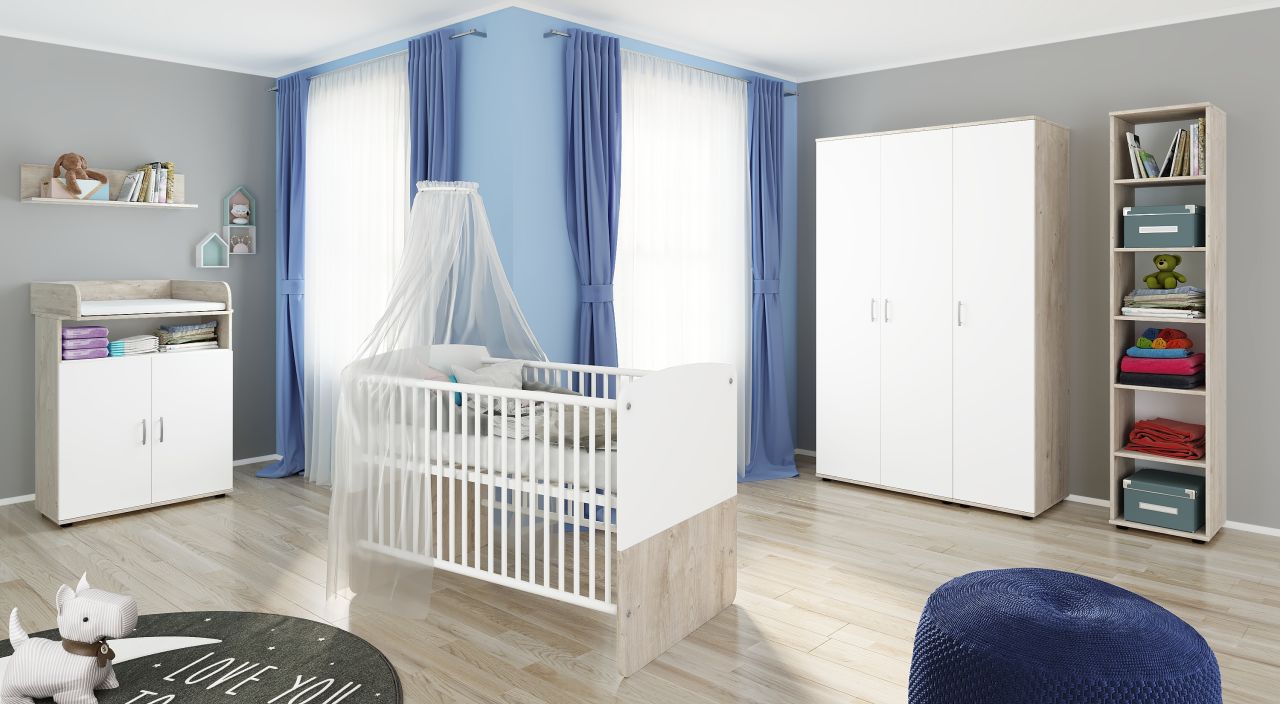 Babyzimmer Set Babybett Wickelkommode Wandboard Kleiderschrank 3 türig Regal von NONJOO
