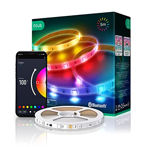 NOUS F6 RGB LED Strip 5m, Alexa LED Strip, LED strip Alexa kompatibel, Ambilight TV nachrüsten, Christmas, Bluetooth connection, Sound Effects, Timer, Smart Life/Tuya App, 12W von NOUS