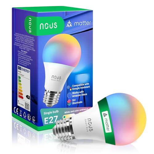 NOUS P3 Smarte WIFI Glühbirne RGB E27, Kompatibel mit Matter, Alexa, Home Assistant & Apple HomeKit, Smart Home, Fernbedienung, LED Lampe Farbwechsel, RGB Glühbirne, 2.4 GHz WiFi von NOUS