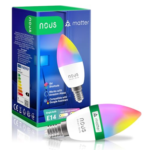 NOUS P4 Smarte WIFI Glühbirne RGB E14, Kompatibel mit Matter, Alexa, Google Home & Apple HomeKit, Smart Home, Fernbedienung, LED Lampe Farbwechsel, Glühbirne Farbwechsel, RGB Glühbirne, 2.4 GHz WiFi von NOUS