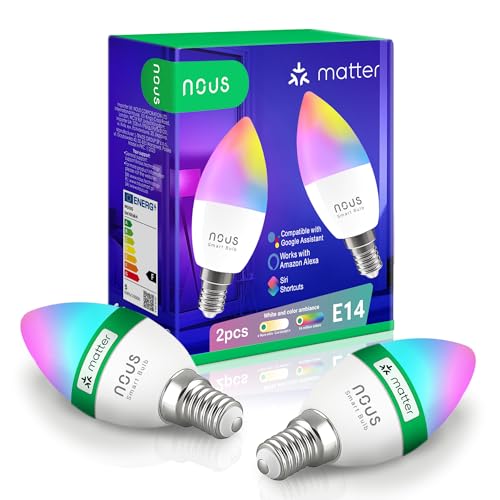 NOUS P4 Smarte WIFI Glühbirne RGB E14, WLAN Glühbirne Matter, Alexa kompatibel, LED Lampe Farbwechsel, App gesteuertes Licht, Glühbirne Farbwechsel, Smart Life/Tuya App, 2.4GHz WiFi, Pack of 2 von NOUS