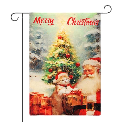 Frohe Weihnachts Flagge, Doppelseitig 45x30cm Gartenfahne, Weihnachtsdeko für Outdoor, Aussen Terrasse, Rasen (Weihnachtsmann und Katze) von NQEUEPN