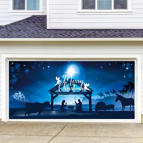 Garagentor Banner, 400x185cm Hintergrundbanner für die Weihnachtskrippe mit Seil, Weihnachtsdeko für Garage, Außenbereich, Hof, Hintergrunddekorationszubehör (Blau) von NQEUEPN