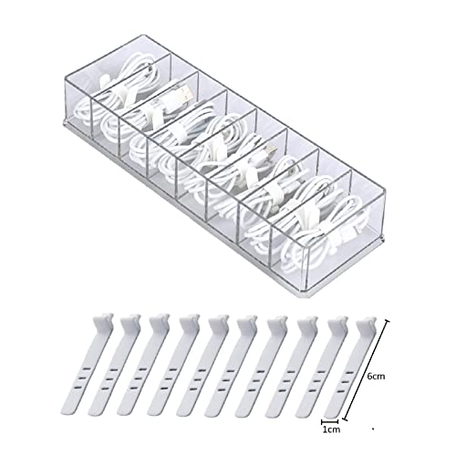 NSXIN Elektronischer Organizer Kabelmanagement Box mit Deckel und 10 Kabelbindern, Kunststoff Tragbarer Transparent Elektronikkoffer mit 8 Fächern für Bürobedarf Zubehör (26x9x5,5 cm (ohne Deckel)) von NSXIN