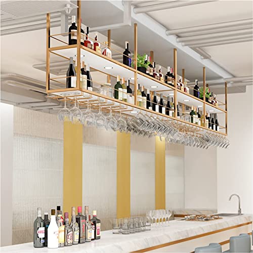 NUONUO 2-stufiger hängender Weinglashalter, Weinflaschenregal an der Decke, schwimmende Regale aus massivem Schmiedeeisen, Weinglasregal/Flaschenregal/Lagerregal 3-in-1-Design für Bars von NUONUO