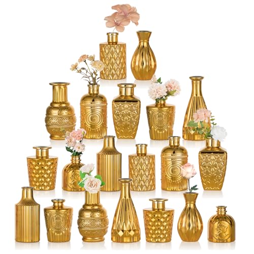 NUPTIO Gold Vasen Glas Kleine: 20 Stück Glasvase Vintage Hochzeitstisch Tafelaufsatz Sortierte Größen Mini Blumenvasen Weihnachten Geburtstag Party Nach Hause Esszimmer Wohnzimmer Dekoration von NUPTIO